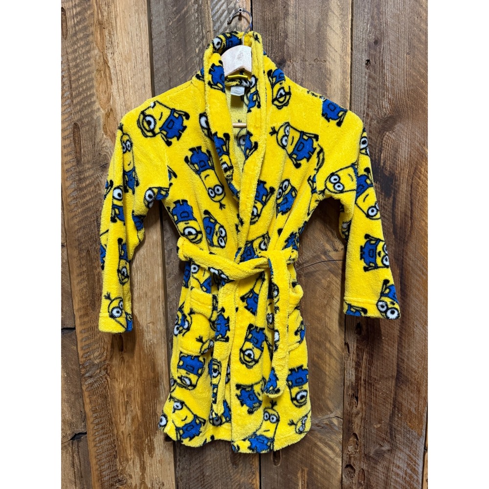 Kids Minions Plush Bath Robe Size 8 Yellow Fleece Cozy Sleepwear Cartoon Movie